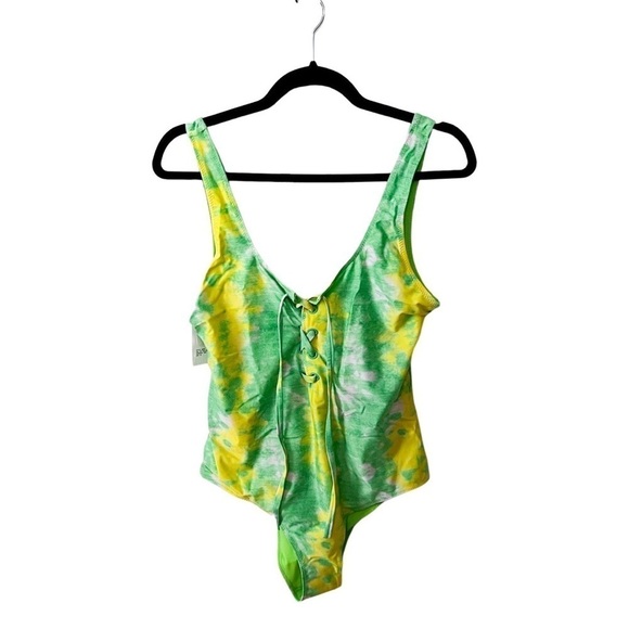 NWT GANNI Tie Dye Lace-up Green Yellow One-piece Swimsuit Sz 42 - Picture 2 of 7
